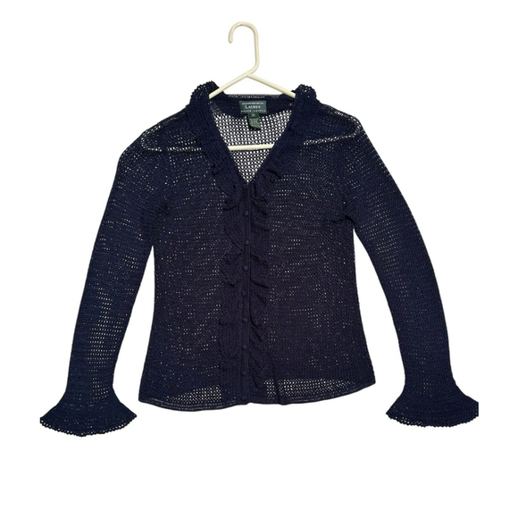 Lauren Ralph Lauren Hand Knit Cardigan Sweater Women M Blue Ruffle Long Sleeves - Picture 13 of 15
